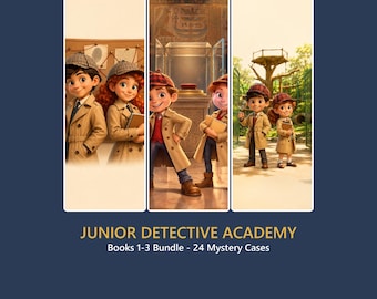 May include: A book bundle titled JUNIOR DETECTIVE ACADEMY Books 1-3 Bundle - 24 Mystery Cases. The cover features three vertical panels showing two cartoon characters in tan trench coats and plaid detective hats investigating various scenes.