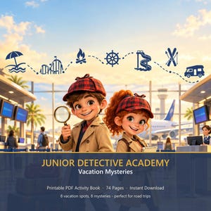 May include: A printable PDF activity book titled JUNIOR DETECTIVE ACADEMY Vacation Mysteries, featuring 74 pages of content. The cover displays two cartoon characters in trench coats and plaid hats, with icons of travel activities and an airport.