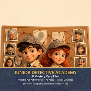 Op de afbeelding: Een digitale activiteitenboekcover getiteld Junior Detective Academy 8 Mystery Case Files met twee cartoonkinderen in detectivehoeden en trenchcoats voor een prikbord met foto's, een vingerafdruk en een doolhof verbonden door rood touw.