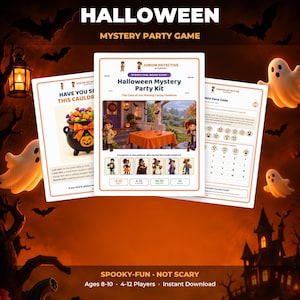 May include: A Halloween Mystery Party Kit for ages 8-10, featuring 32 pages of game materials. The kit includes a case file titled The Case of the Missing Candy Cauldron, suspect cards, clue stations, and a Pumpkin Face Code worksheet.