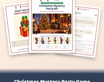 May include: A printable Christmas Mystery Party Kit from Junior Detective Academy. The game includes a central page with a festive living room scene, six suspect illustrations, and game details. Accompanying pages show gift boxes and a code.
