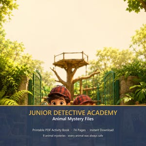May include: A digital activity book titled JUNIOR DETECTIVE ACADEMY Animal Mystery Files. The cover features two cartoon characters wearing red and black plaid deerstalker hats, with text indicating 74 pages and 8 animal mysteries.