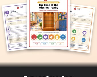 May include: A printable classroom escape room kit titled The Case of the Missing Trophy. The central page features a school hallway image, six colorful circular icons, and text detailing 8-11 ages, 24-30 students, 45-60 minutes, and 25 pages.