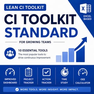 May include: A digital Lean CI Toolkit graphic with a blue and white colour scheme. Text reads: LEAN CI TOOLKIT, CI TOOLKIT STANDARD, FOR GROWING TEAMS, 10 ESSENTIAL TOOLS, EXCEL BASED, IMPROVED DASHBOARD, PROJECT TRACKER, ACTION TRACKER, TIME STUDY, OEE CALCULATOR.