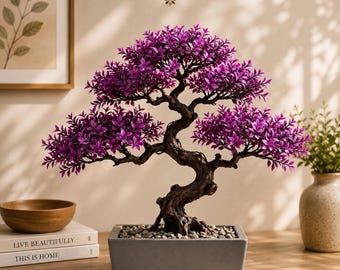 Artificial Juniper Bonsai Tree | Purple Potted Plant, Desk Decor