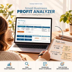 Puede incluir: Una pantalla de portátil muestra la herramienta de Google Sheets Small Business Profit Analyzer. La interfaz presenta datos financieros, información empresarial y métricas de beneficios. Un cuaderno al lado enumera fugas de beneficios.