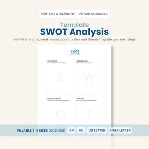 Puede incluir: Una plantilla de análisis DAFO en PDF imprimible y rellenable con cuatro cuadrantes etiquetados como Strengths, Weaknesses, Opportunities y Threats. El documento incluye indicaciones de texto para cada sección y especifica los tamaños A4, A5, US Letter y Half Letter.