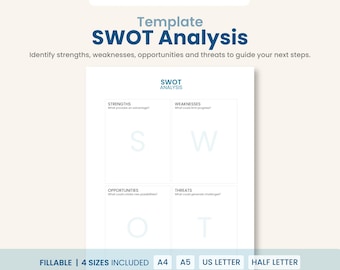 SWOT Analysis Template, Printable & Fillable PDF,  Strategic Planning Worksheet