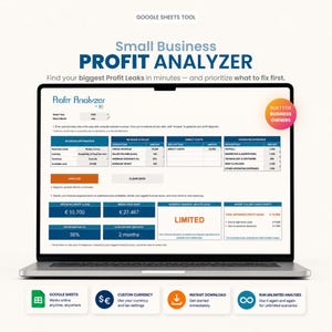 Puede incluir: Una herramienta digital de Google Sheets titulada Small Business Profit Analyzer mostrada en la pantalla de una computadora portátil. La interfaz presenta secciones para información comercial, ingresos, ventas, costos directos y gastos operativos.