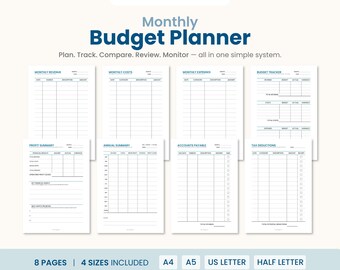 Monthly Budget Planner, Expense Tracker, Financial System (Printable PDF)