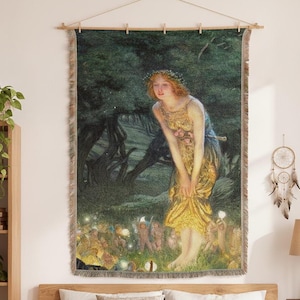 Midsummer Eve Fairy Tapestry Wall Hanging, Vintage Fantasy Art, Woven Cotton Throw, 130x160