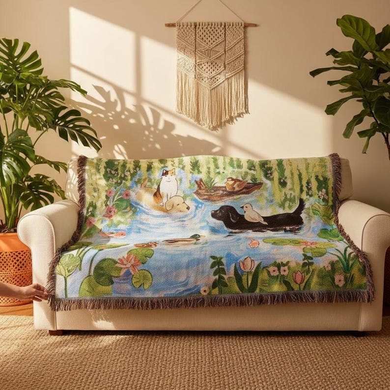 May include: A woven throw blanket featuring a colourful pond scene with a calico cat, a golden dog, a black dog, and various birds swimming in blue water surrounded by green lily pads, pink lotus flowers, and tall reeds with a fringed edge.