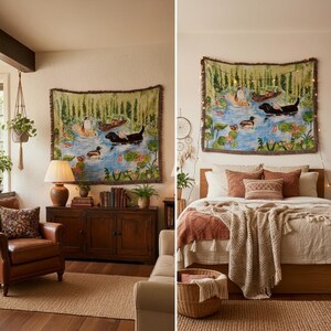 May include: A rectangular woven wall tapestry featuring a colourful illustration of dogs and ducks swimming in a pond with green reeds and lily pads. The tapestry has a fringed border and is displayed hanging on a wall above furniture.