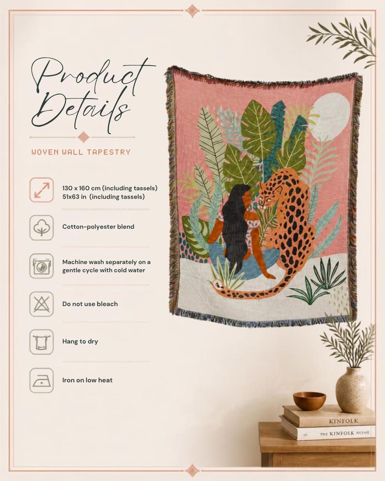 May include: A woven wall tapestry measuring 130 x 160 cm or 51 x 63 inches. The design features a person with long dark hair sitting among green tropical leaves next to an orange and black spotted leopard against a pink and white background.