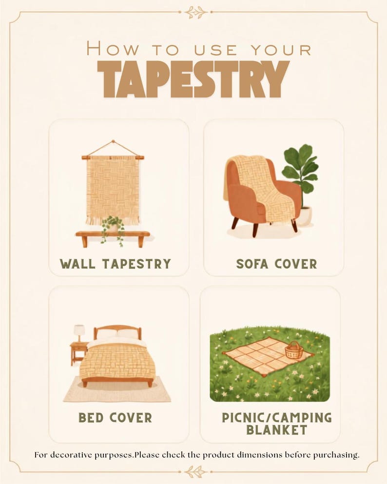 May include: An instructional graphic titled How to Use Your Tapestry, featuring four illustrations showing a tapestry used as a wall hanging, a sofa cover, a bed cover, and a picnic blanket. The text includes labels for each use case.