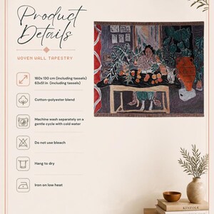 May include: A woven wall tapestry featuring a colourful illustration of a person sitting at a table with fruit and plants. The text Product Details and Woven Wall Tapestry is visible. Dimensions are 160x130 cm. Material is a cotton-polyester blend.