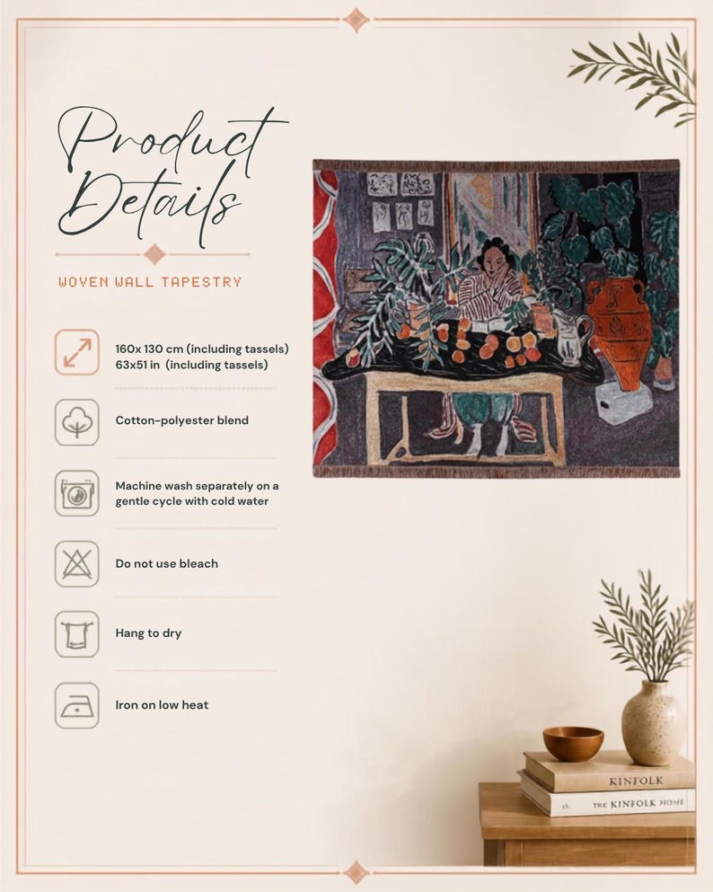 May include: A woven wall tapestry featuring a colourful illustration of a person sitting at a table with fruit and plants. The text Product Details and Woven Wall Tapestry is visible. Dimensions are 160x130 cm. Material is a cotton-polyester blend.