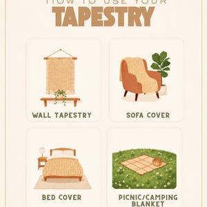May include: An instructional graphic titled HOW TO USE YOUR TAPESTRY with four illustrations showing a tapestry used as a wall hanging, a sofa throw, a bedspread, and a picnic blanket on grass. The text includes labels for each use case.