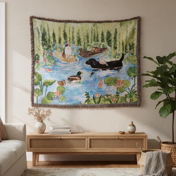 Monet Inspired Pet Pond Tapestry, Woven Cotton Throw Blanket, Water Lilies Print, 160x130