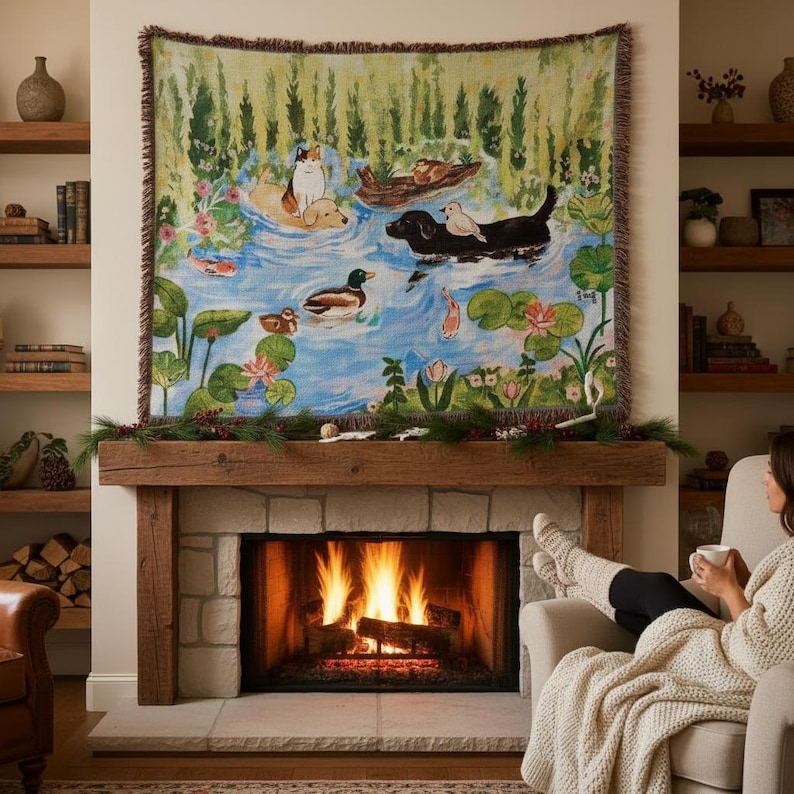 May include: A woven tapestry wall hanging featuring a colourful pond scene with a cat, a dog, ducks, and koi fish swimming among lily pads and flowers. The rectangular textile has a fringed edge and displays a vibrant landscape illustration.