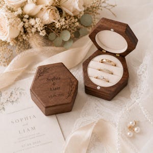May include: Two hexagonal dark wood ring boxes with a hinged lid. One box is closed and engraved with the text Sophia & Liam and the date 07.09.2026. The open box contains three gold rings resting on a cream-colored velvet insert.