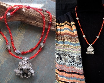 Red OOAK Upcycled Necklace with Vintage Silver Beads & India Pendant. Crystal, Silver. Rajasthan Pendant. Boho Crystal Necklace.