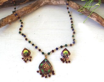 Enamel Cloisonne Gold Plated Pendant & Earrings. Handpainted Jewelry. Meenakari India Jewelry. Sterling Silver. Traditional Jewelry