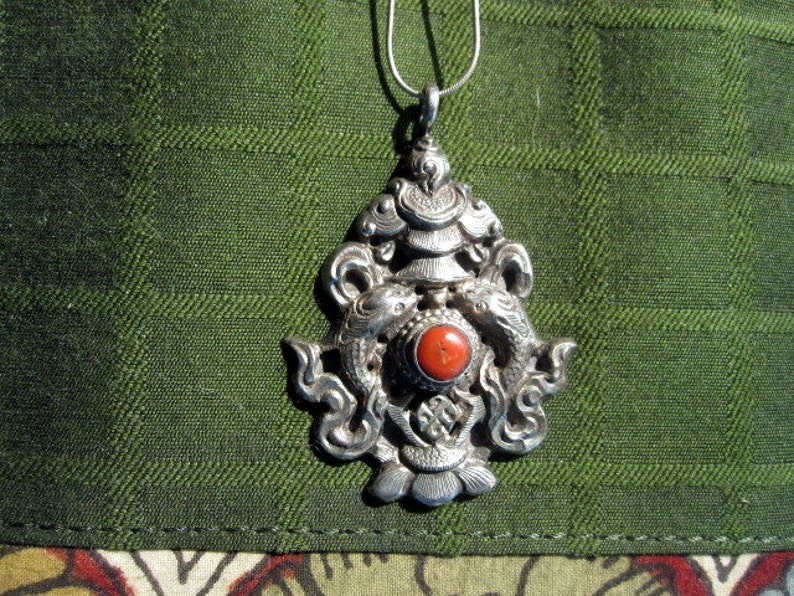 Silver and Coral Matsyyugma.Tibetan Pendant.