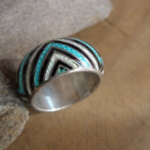 Enamel and Silver Blue & White Ring. Size 9.25. Bohemian Ethnic Jewlery