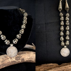 Antique Brass India Necklace. South India Tribal Necklace. Antique Coin Necklace from 1918. Antique Ethnic Carved Necklace
