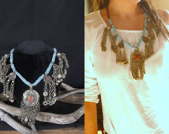 Vintage Kuchi Necklace with Coins and Jingle Bells.  Bellydance Ethnic Kuchi Accessories