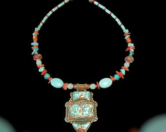 Statement OOAK Necklace with Tibetan Pendant. Silver, Aventurine, Coral, Turquoise Necklace. Unique Ethnic Jewelry