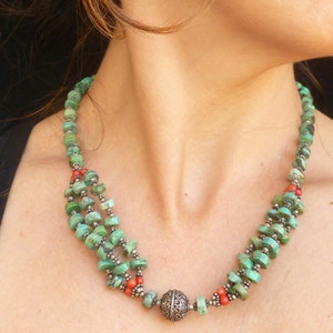 Elegant  Antique Turquoise Tibetan Necklace with Coral and Silver