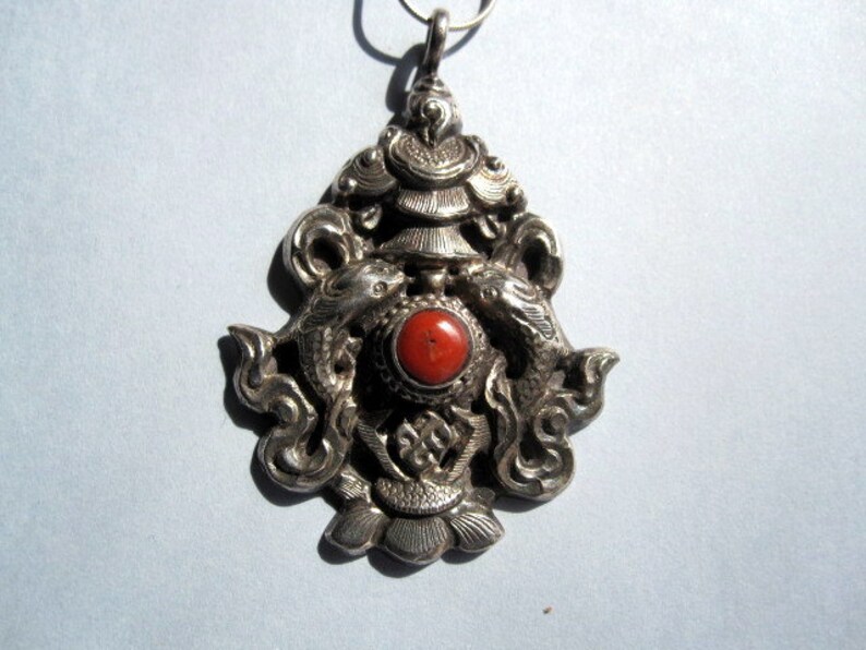 Silver and Coral Matsyyugma.Tibetan Pendant.