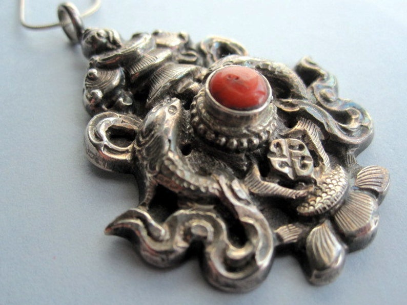 Silver and Coral Matsyyugma.Tibetan Pendant.