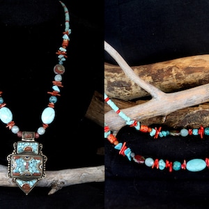 Statement OOAK Necklace with Tibetan Pendant. Silver, Aventurine, Coral, Turquoise Necklace. Unique Ethnic Jewelry