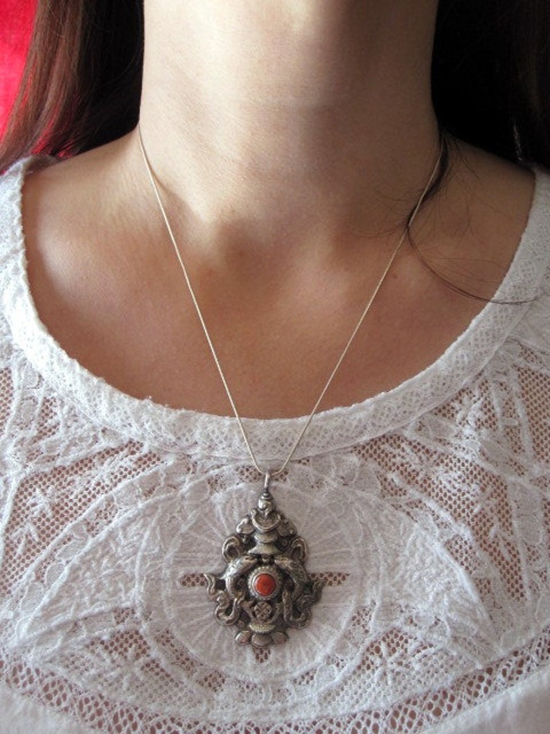 Silver and Coral Matsyyugma.Tibetan Pendant.