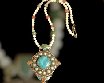 OOAK Statement Necklace With Tibeatn Pendant. Antique Beads, Tourmaline, Silver Boho Necklace. Tribal Necklace. Ethnic Necklace