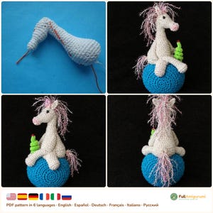 May include: A crochet unicorn toy with a white body, pink mane and tail, sitting on a blue sphere. The unicorn holds a small green cone-shaped object. One image shows the unicorn head and neck piece in progress with visible red yarn.