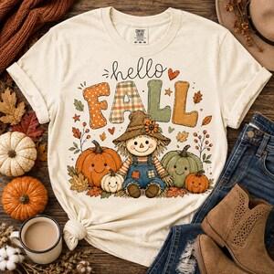 Hola otoño PNG, Espantapájaros lindo PNG, Diseño de calabaza de otoño, Camiseta de otoño PNG, Sublimación rústica de otoño, Gráfico de Acción de Gracias, Transferencia de otoño