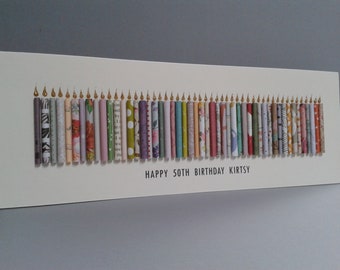 50-59th Age Birthday Candle Card. Can be personalised by having a name added to the standard front text.