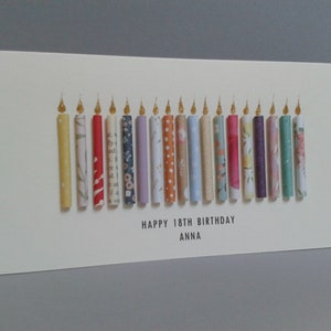13th, 14th, 15th, 16th, 17th, 18th, 19th Age Birthday Candle Card, can be personalised by having a name added underneath the front text.