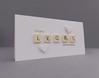 Happy IVORY Anniversary Letter tile card with embellishments. 14th Wedding Anniversary. Ivory Wedding Anniversary Card.