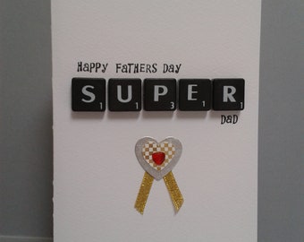 SALE! Happy Fathers Day SUPER Dad Letter Tile Card With Embellishment.