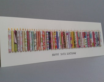 50-59th Age Birthday Candle Card, Can be personalised by having a name added to the standard front text (see picture examples)