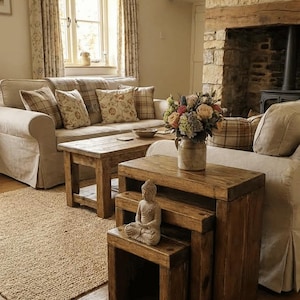 May include: A set of three nested wooden tables with a dark brown finish, featuring a small grey Buddha figurine sitting on the lowest table. The tables are arranged in a tiered stack, showcasing a natural wood grain texture and sturdy construction.