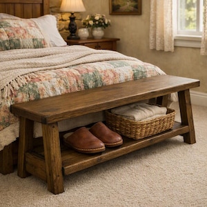 May include: A rectangular wooden bench with a dark brown finish and a lower shelf. The shelf holds a pair of brown leather slip-on shoes and a rectangular woven wicker basket containing a folded beige textile. The bench has four legs.