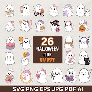 Pode incluir: Uma coleção de 26 ilustrações de fantasmas fofos com várias atividades e acessórios como abóboras, balões, cupcakes, livros e câmeras. O texto central diz 26 HALLOWEEN CUTE GHOST, com SVG PNG EPS JPG PDF AI listados na parte inferior.