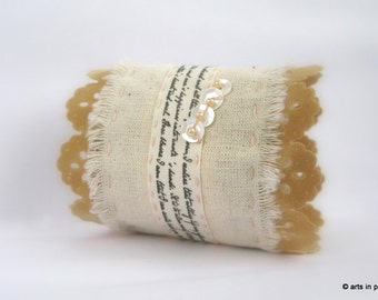 SALE- Faux leather and beige cotton fabric hand script cuff