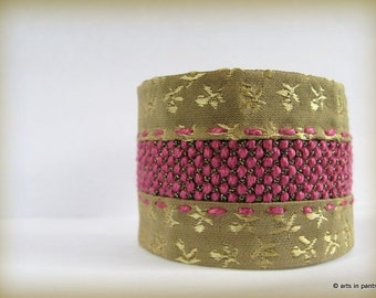 Gold-pink cross-stitch  OOAK silk cuff  - SALE